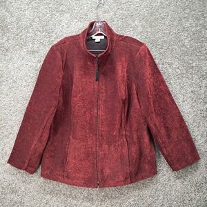 Dressbarn Woman Jacket 2X Red Black Floral Jacquard Zip Up Mock Neck Tassel